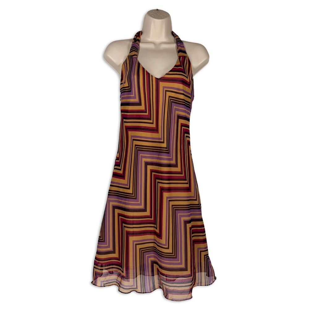 RAG Y2K Geometric Halter Dress Medium Retro Mod Stripe Tie Neck Midi Bias Cut